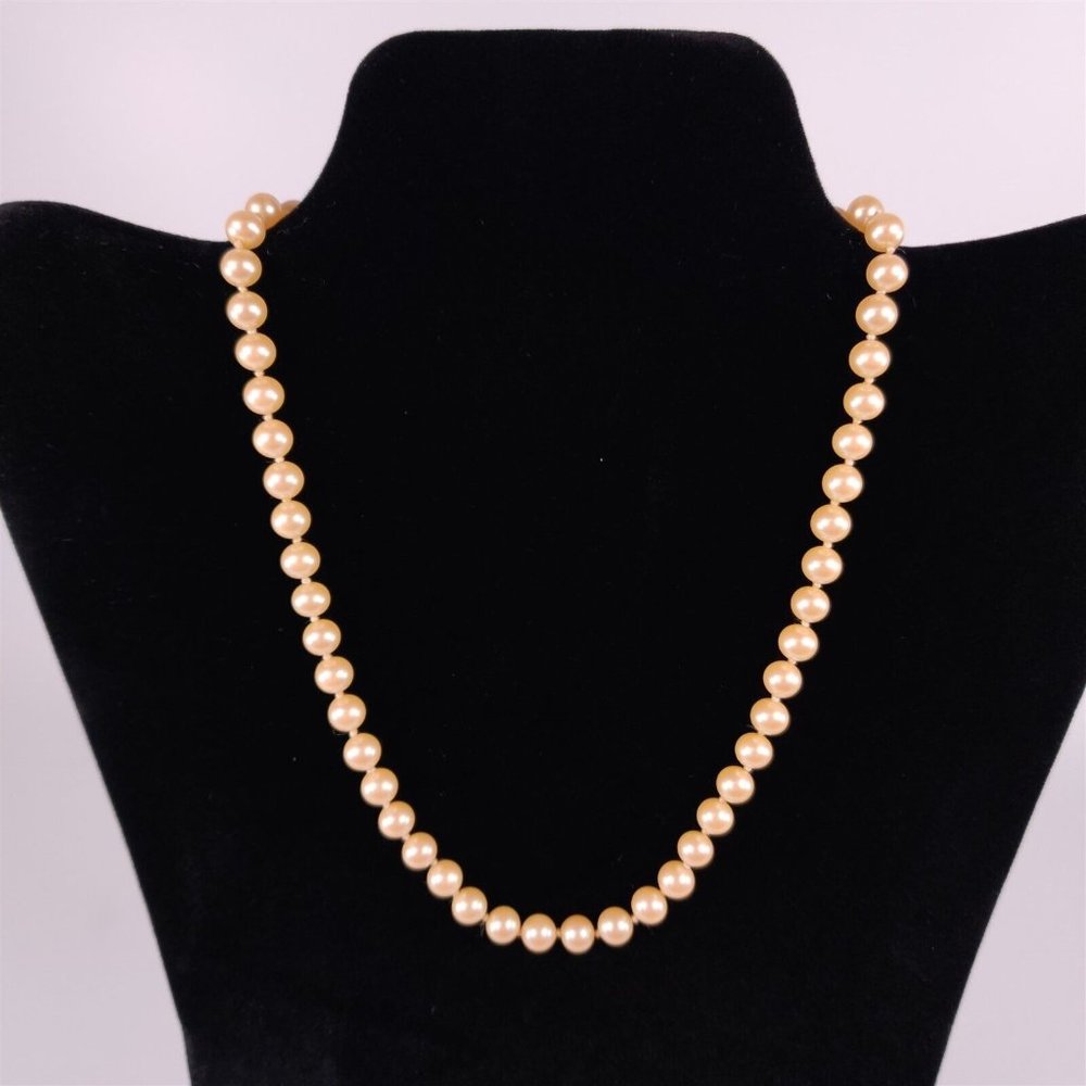 ✅ Vintage Faux Pearl Necklace 16" Long Knotted Gold Plate Bead Womens